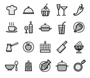 Yiyecek ve içecek hazırlama, ikonlar, set, gri. Siyah çizgili gri simgeler. Restoran işi. Vektör. 