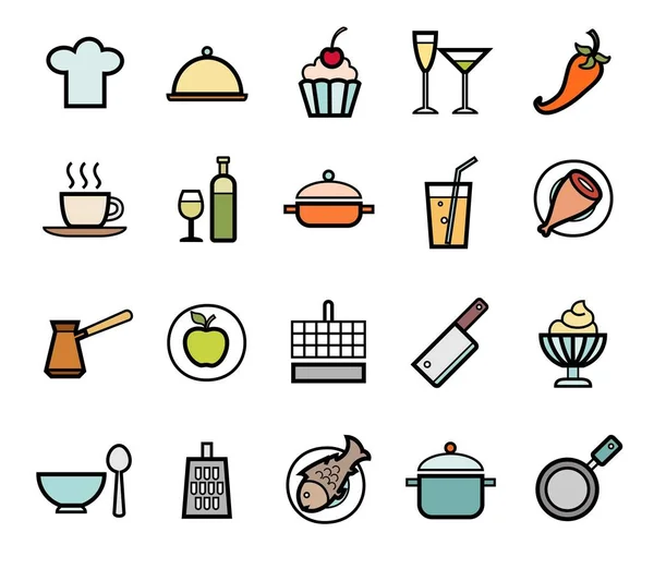 Food and drink preparation, icons, set, color. Colored icons with a black outline. Restaurant business. Vector.
