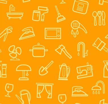 Ev eşyaları ve aletler, kusursuz desen, renk, turuncu. Turuncu alanda sarı simgeler. İnce bir özet. Vektör. 