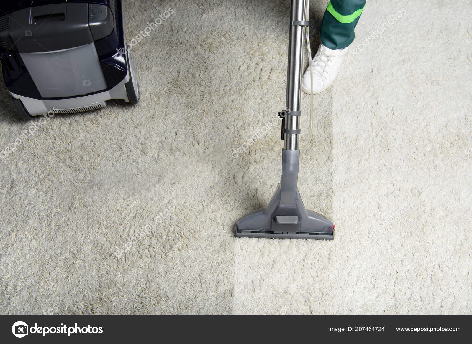 High Angle View Person Cleaning White Carpet Professional Vacuum