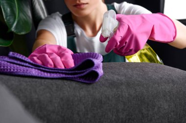 close-up view of woman in rubber gloves cleaning sofa with rag and detergent spray clipart