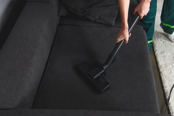 High Angle View Person Cleaning Furniture Vacuum Cleaner Upholstery Cleaning — Stock Photo, Image