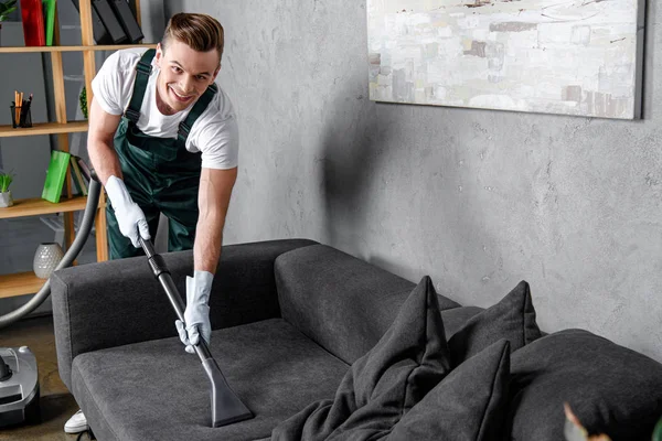 Handsome Young Man Rubber Gloves Cleaning Furniture Smiling Camera — Stock Photo, Image