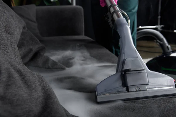 Close View Person Cleaning Sofa Vacuum Cleaner Hot Steam Cleaning — Stock Photo, Image