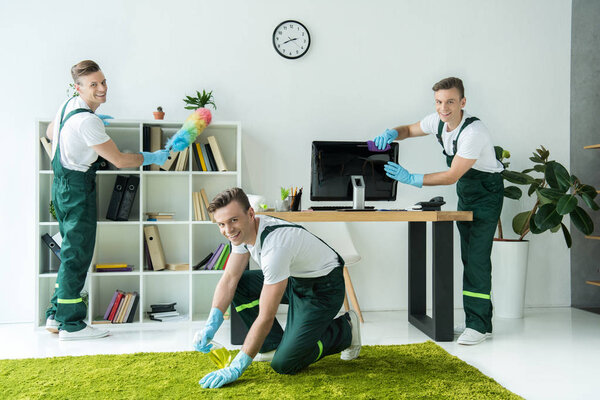 Collage of happy young worker cleaning office and smiling at camera
