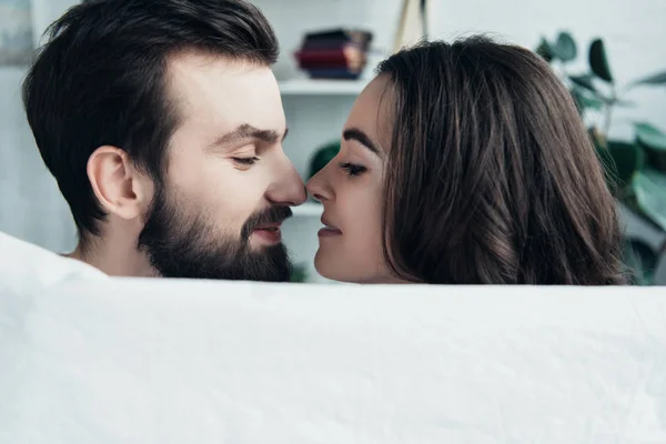 Beautiful Romantic Young Couple Holding Blanket Looking Each Other Home — Stock Photo, Image