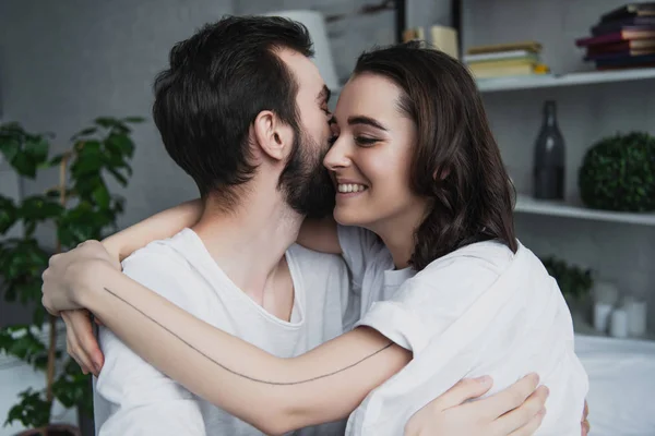 Beautiful Happy Young Couple Pajamas Hugging Home — Stock Photo, Image