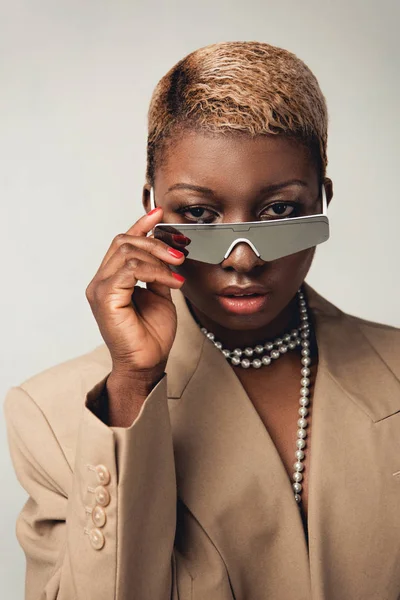 Portrait Stylish African American Girl Sunglasses Beige Jacket Isolated Grey — Stock Photo, Image