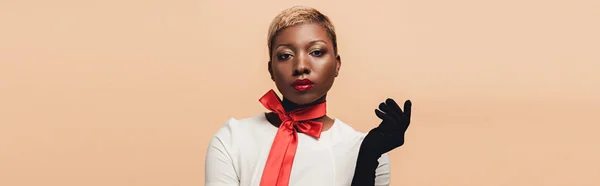 Fashionable Attractive African American Girl Posing Red Scarf Black Gloves — Stock Photo, Image