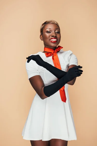 Happy African American Girl Posing White Dress Red Scarf Black — Stock Photo, Image