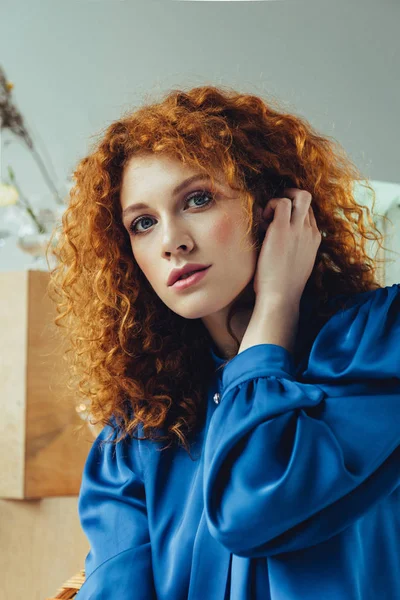 Beautiful Fashionable Young Redhead Woman Touching Hair Looking Camera Grey — Stock Photo, Image