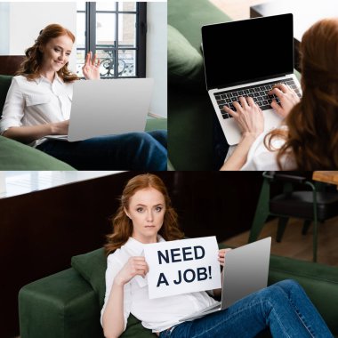 Collage of woman using laptop, having video call and holding card with need a job lettering on couch   clipart