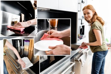 Collage of smiling woman cleaning worktop and washing plate in kitchen  clipart