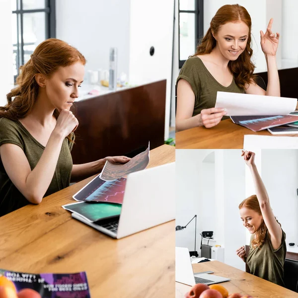 Colagem Freelancer Trabalhando Com Papéis Mostrando Sim Gesto Casa — Fotografia de Stock