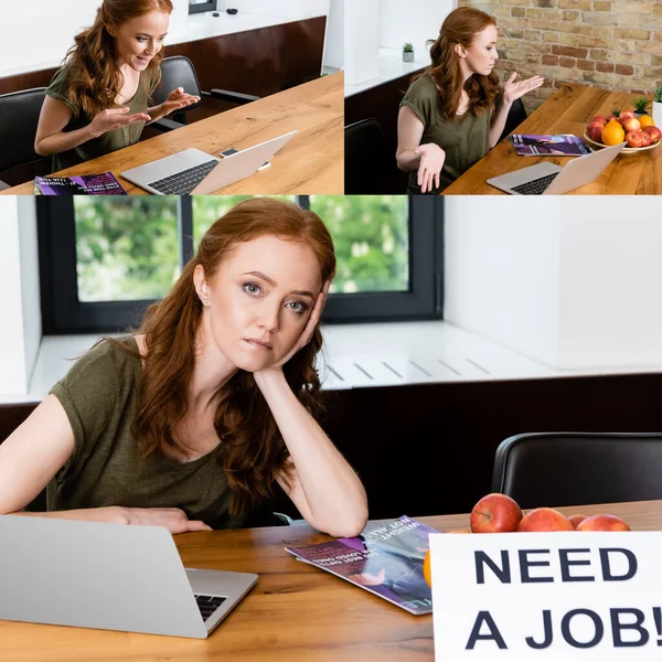 Collage of freelancer having video call and sitting near card with need a job lettering at home