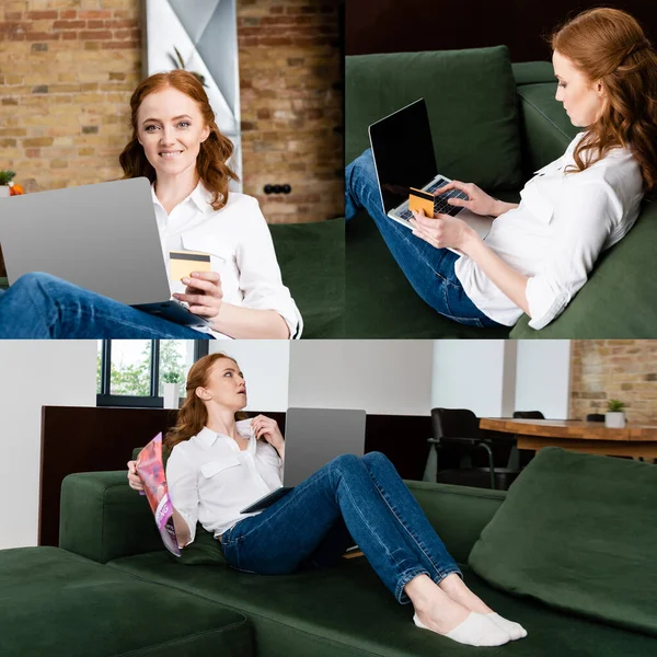 Colagem Mulher Usando Laptop Cartão Crédito Sofá Sofrendo Calor Casa — Fotografia de Stock