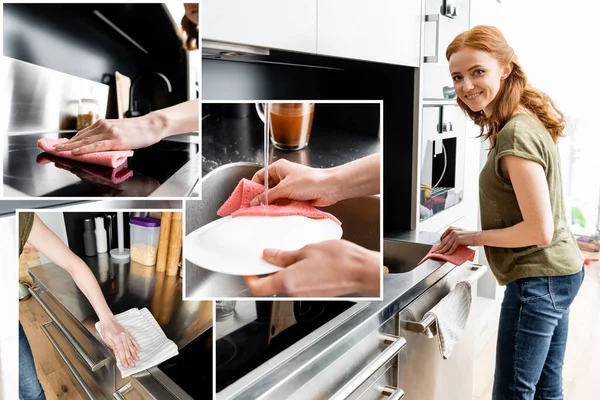 Gülümseyen Kadın Kolajı Atölyeyi Temizliyor Mutfakta Bulaşık Yıkıyor — Stok fotoğraf