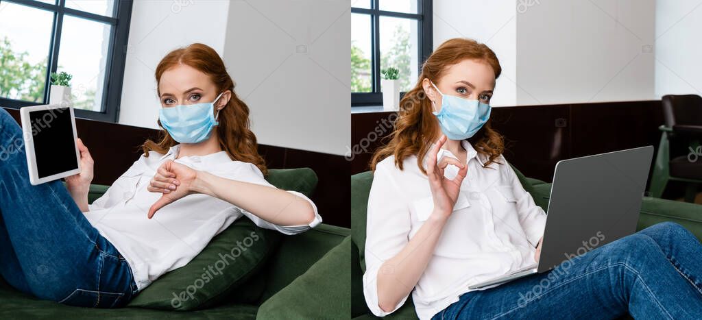 Collage of woman in medical mask showing okay and dislike gestures while using laptop and digital tablet at home 