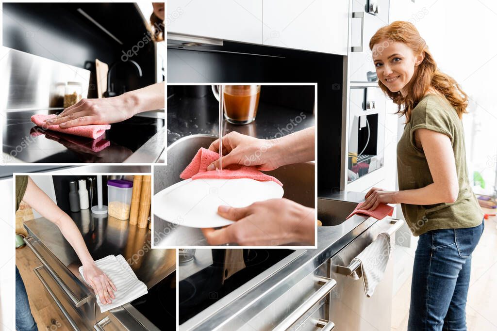 Collage of smiling woman cleaning worktop and washing plate in kitchen 