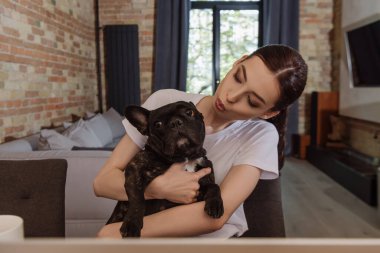 young woman holding in arms and looking at french bulldog  clipart