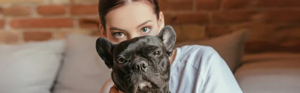 Horizontal Concept Woman Covering Face French Bulldog — Stock Photo, Image