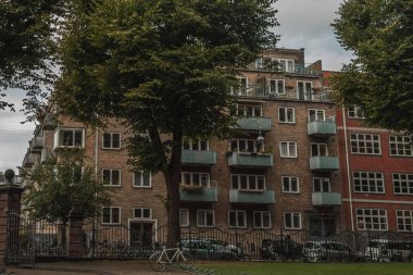 Green trees and facades of building on urban street with cloudy sky at background in Copenhagen, Denmark  clipart