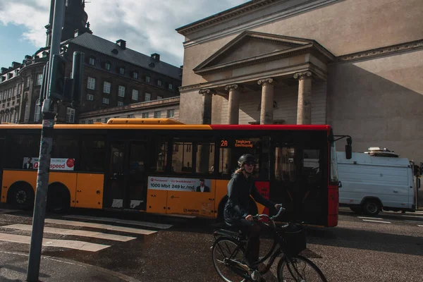 Copenhagen Denmark April 2020 Woman Riding Bicycle Buses Urban Street — Stock Photo, Image