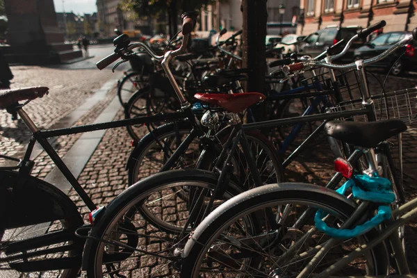 Enfoque Selectivo Las Bicicletas Pasarela Calle Urbana Copenhague Dinamarca —  Fotos de Stock