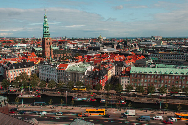 High angle view of urban street with buildings and road in Copenhagen, Denmark 