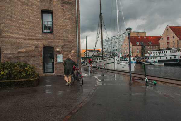 Woman walking with bicycle near building and boats in harbor, Copenhagen, Denmark 