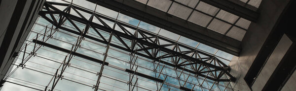 COPENHAGEN, DENMARK - APRIL 30, 2020: Horizontal image of glass facade and roof in Black Diamond Royal Library, Copenhagen, Denmark 