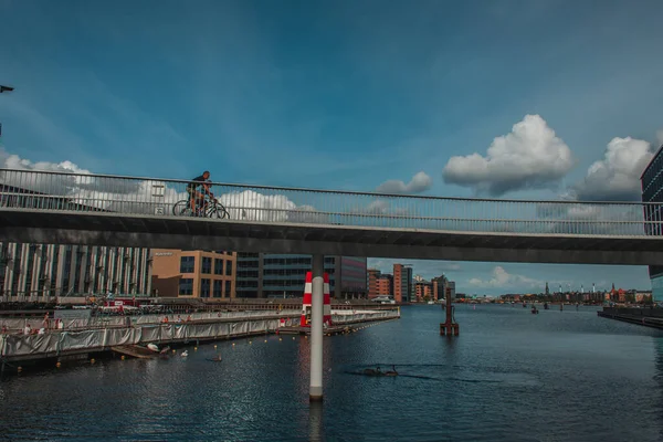 Copenhagen Denmark April 2020 People Cycling Bridge River Urban Street — Stock Photo, Image