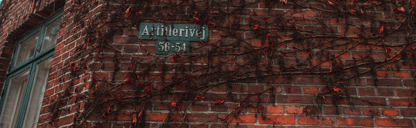 Panoramic shot of signboard with name of street and plant on brick facade of building, Copenhagen, Denmark 