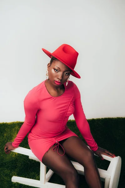 Glamorosa mujer afroamericana en vestido rosa y sombrero posando en taburete sobre hierba verde - foto de stock