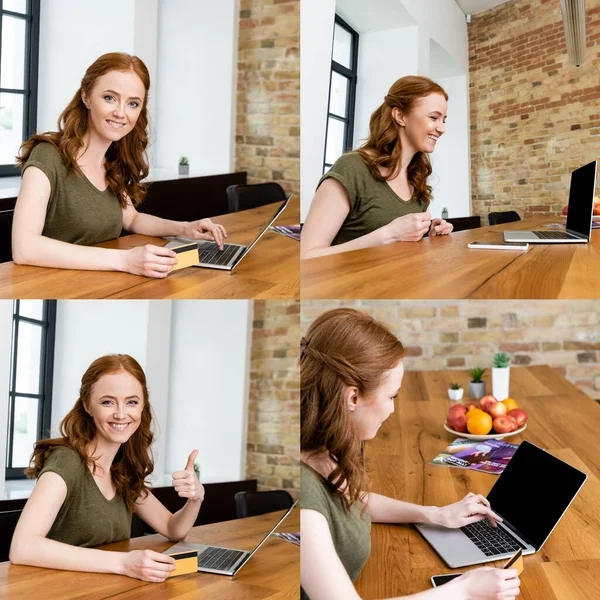Collage of smiling woman using credit card and laptop at home — Stock Photo