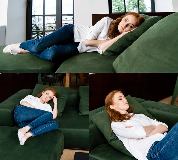 Collage of sad woman lying on sofa at home — Stock Photo