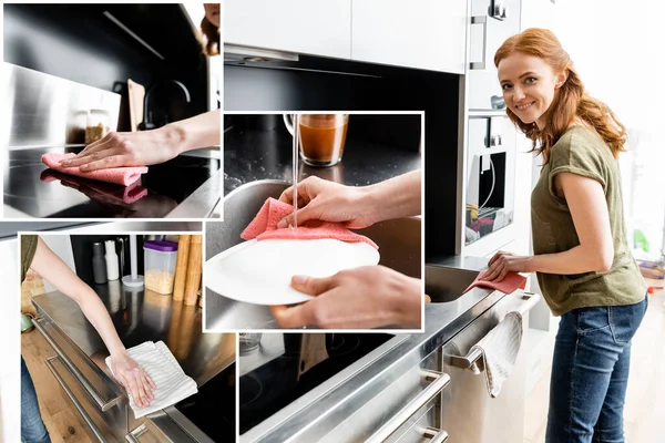 Colagem de mulher sorridente limpeza bancada e placa de lavagem na cozinha — Fotografia de Stock