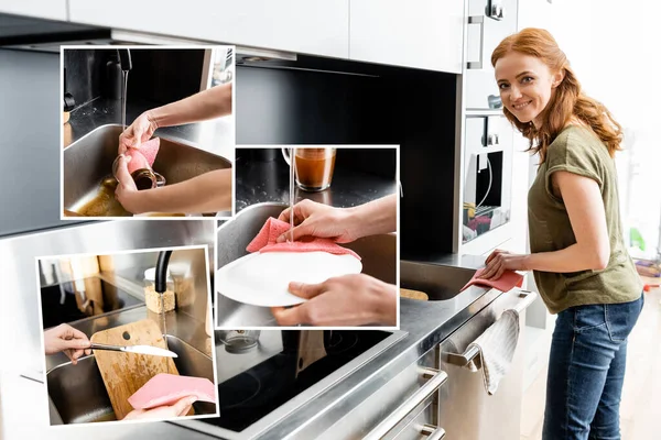 Collage de mujer sonriente limpiando encimera y lavando vajilla en la cocina - foto de stock