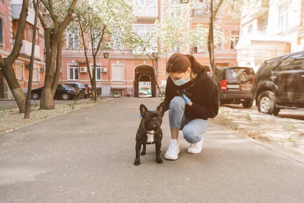 Jovem mulher em máscara médica e luvas de látex tocando bonito bulldog francês na rua — Fotografia de Stock