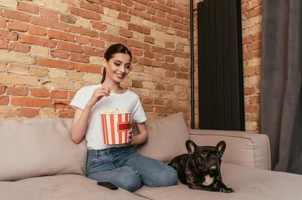 Glückliche Frau mit Popcorn-Eimer und Blick auf süße französische Bulldogge auf dem Sofa — Stockfoto