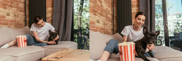 Collage de jolie fille assise sur canapé près des seaux de maïs soufflé et mignon bouledogue français — Photo de stock