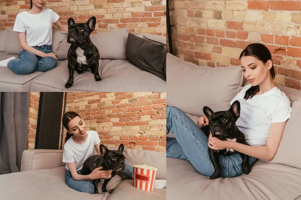 Collage di ragazza felice toccando carino bulldog francese vicino secchio popcorn in soggiorno — Foto stock