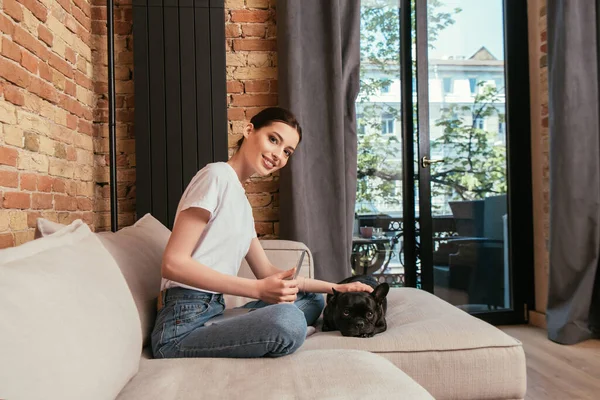 Happy freelancer touching black french bulldog near laptop in living room — Stock Photo