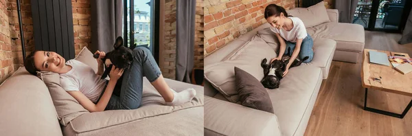 Collage of happy woman playing with cute french bulldog in living room — Stock Photo