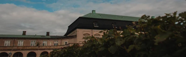 Panoramic shot of bushes and facade of building with cloudy sky at background in Copenhagen, Denmark — Stock Photo