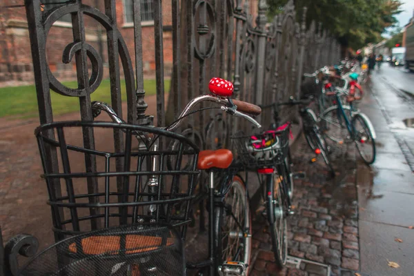 Enfoque selectivo de bicicletas cerca de la valla en la pasarela húmeda de la calle urbana, Copenhague, Dinamarca - foto de stock