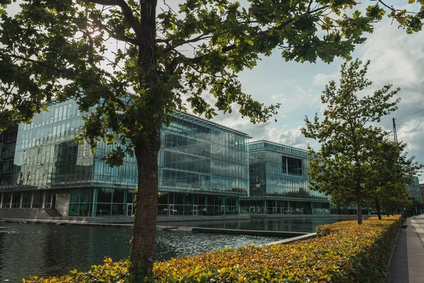 Árboles cerca del canal y edificio con fachada de vidrio en la calle urbana, Copenhague, Dinamarca - foto de stock