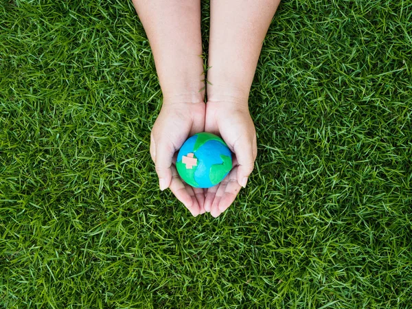 Dünya günü. dünya el ve yeşil çim alan arka plan. çevre dünya kavramı kaydetmek.