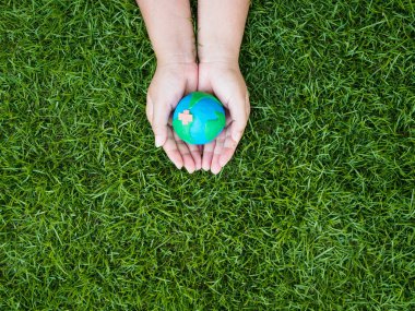 Dünya günü. dünya el ve yeşil çim alan arka plan. çevre dünya kavramı kaydetmek.