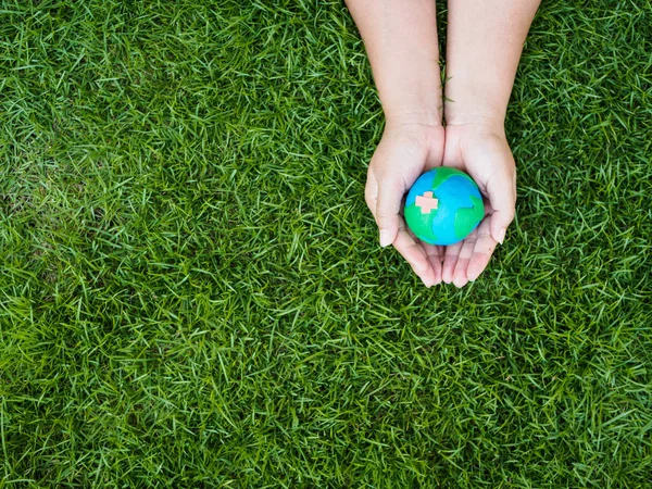 earth day. earth in hands and green grass field background. environment save earth concept.